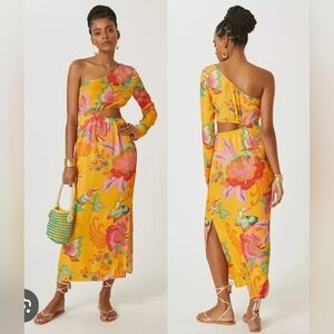 Farm Rio One Shoulder Dress Anthropologie Cutout Floral Tropics Size XS petite